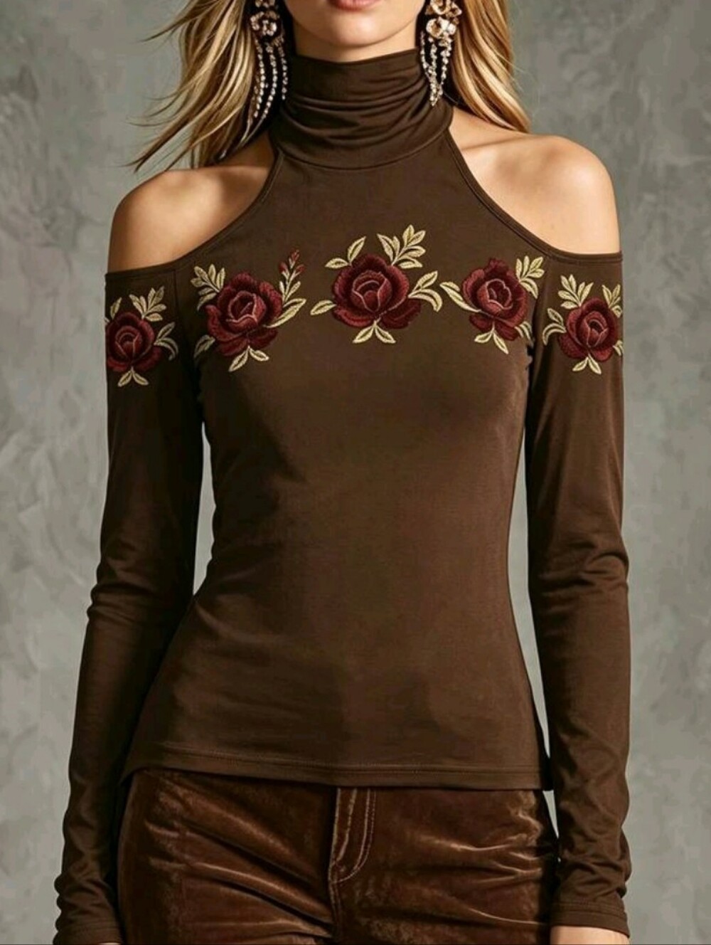 Stretchy Cold-Shoulder Floral Long-Sleeve Turtleneck Top - Brown Size L - Picture 4 of 8